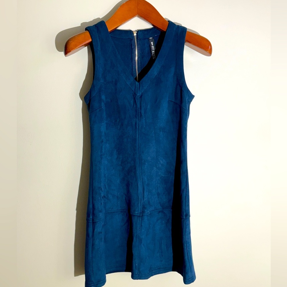 Lord & Taylor Faux Suede Blue V Neck Dress size XS Gold Zipper Accent